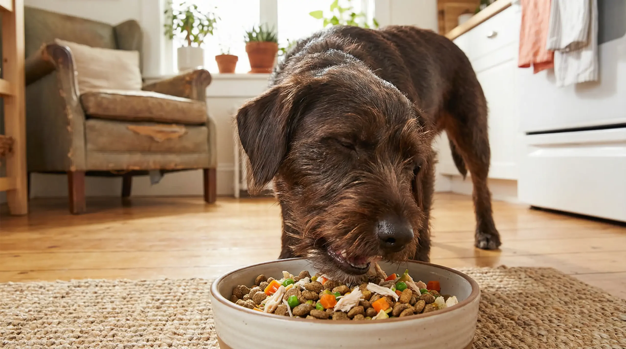 Perro feliz comiendo su plato, un ejemplo de cómo hacer más ricas las croquetas de mi perro mejora su apetito.