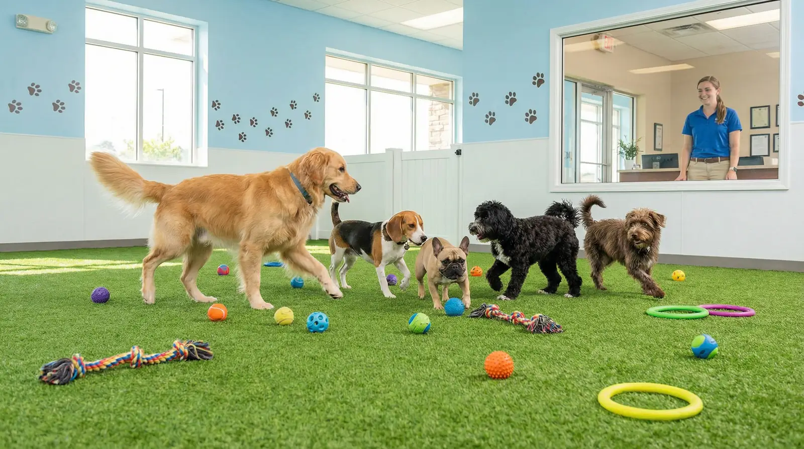 Grupo de perros felices jugando en una de las guarderías para perros en Santo Domingo.