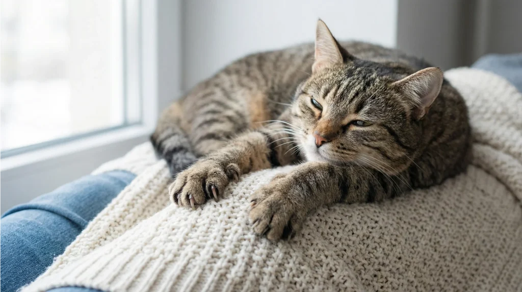 Gato naranja amasando felizmente manta texturizada en regazo mientras persona lo acaricia, mostrando solución práctica para disfrutar del comportamiento de amasado