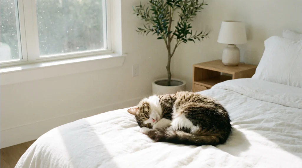 Gato acostado en cama limpia - cómo limpiar manchas de orina de gato del colchón
