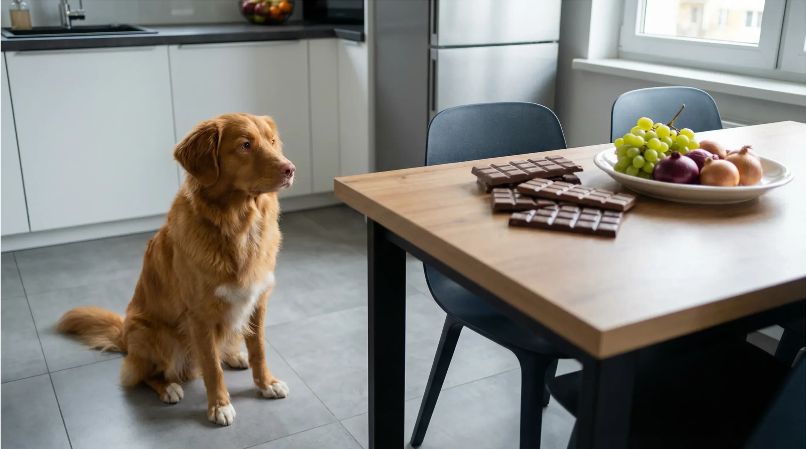Perro curioso mirando alimentos tóxicos en la mesa