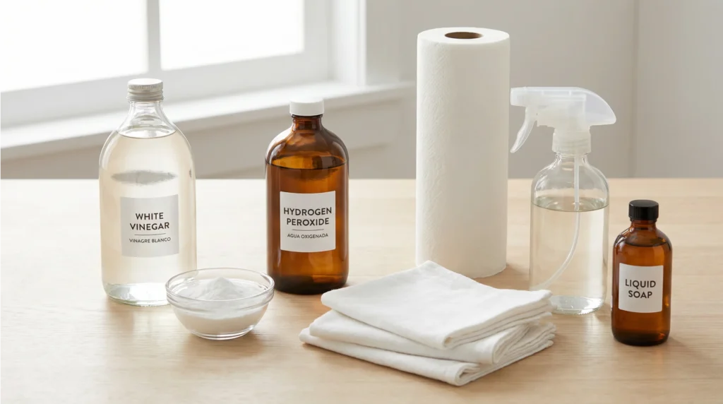 Materiales para limpiar orina de gato: vinagre, bicarbonato, agua oxigenada y trapos