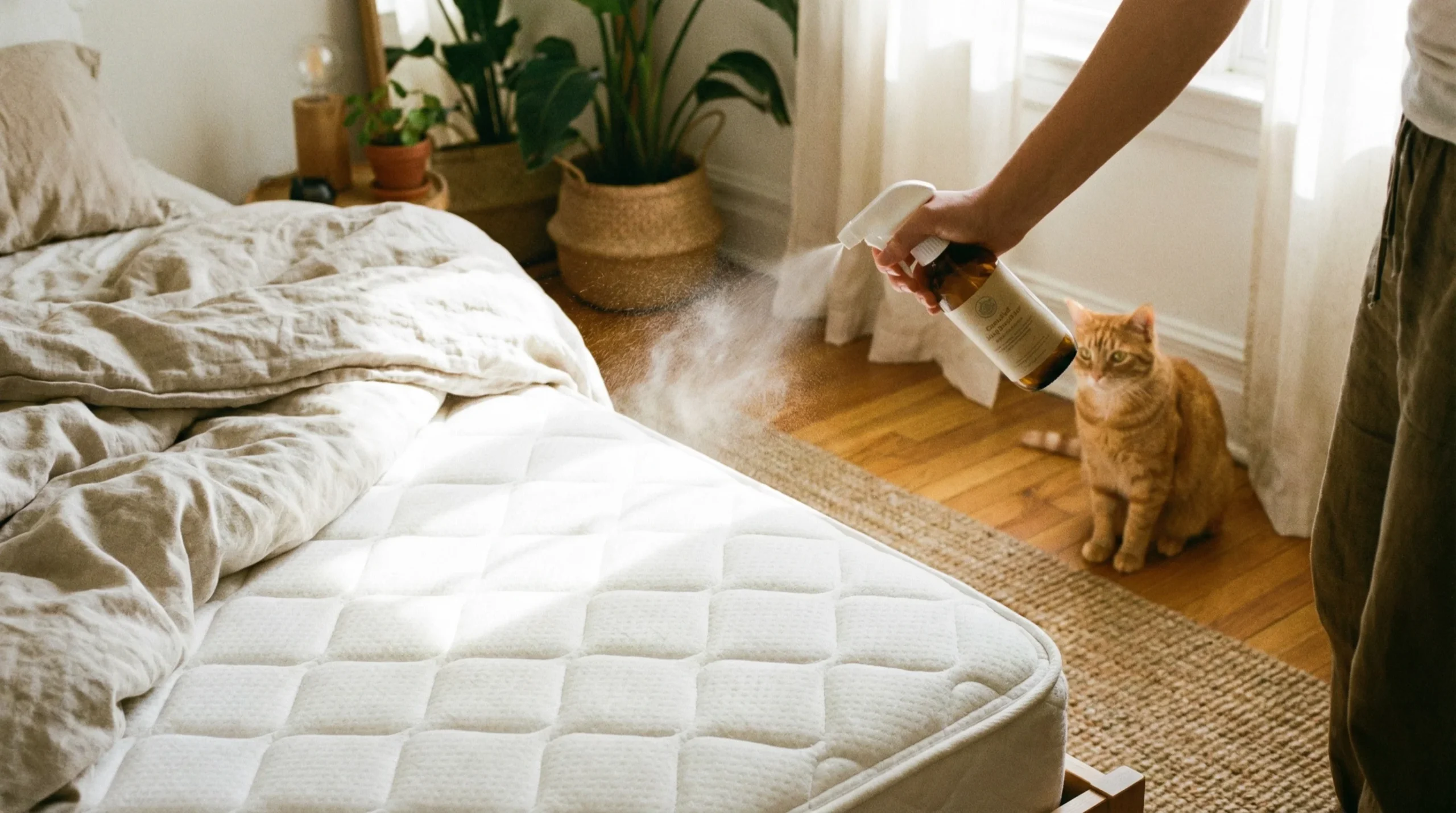 Persona limpiando colchón con spray mientras gato observa - eliminar olor orina gato