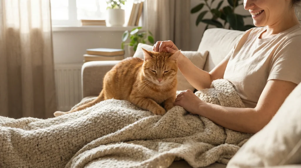 Persona acariciando gato naranja amasando manta gruesa en sofá - convivencia armoniosa con gatos