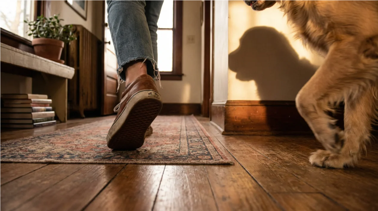 Sombra de un perro siguiendo a su dueño por casa, ilustrando por qué un perro te sigue a todas partes.
