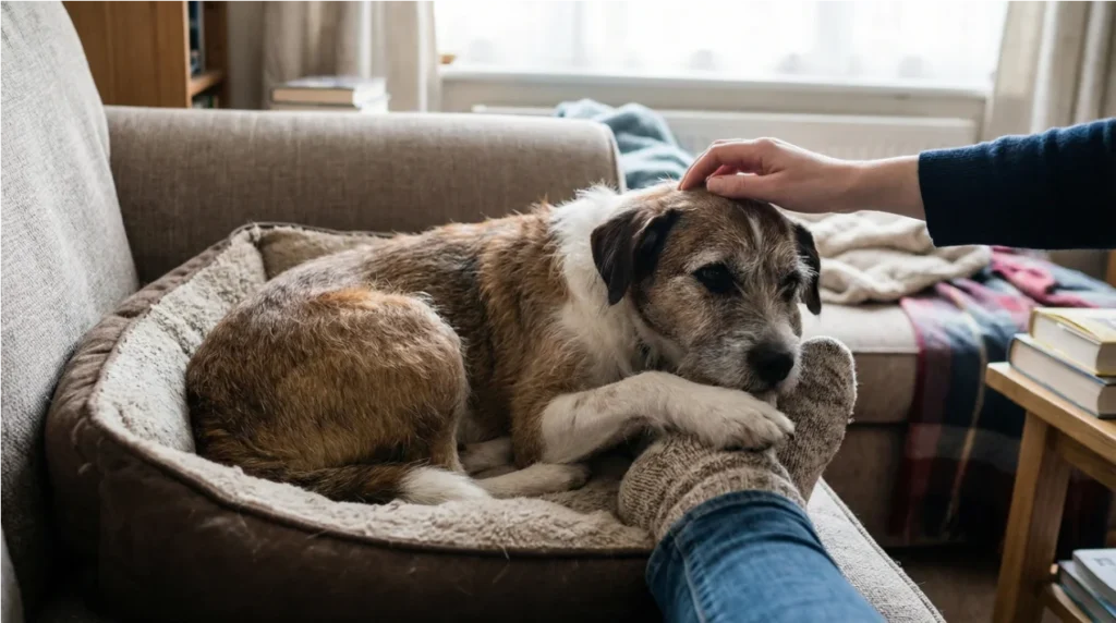 Perro rescatado mostrando su vínculo y por qué sigue a su dueño a todas partes en busca de seguridad.
