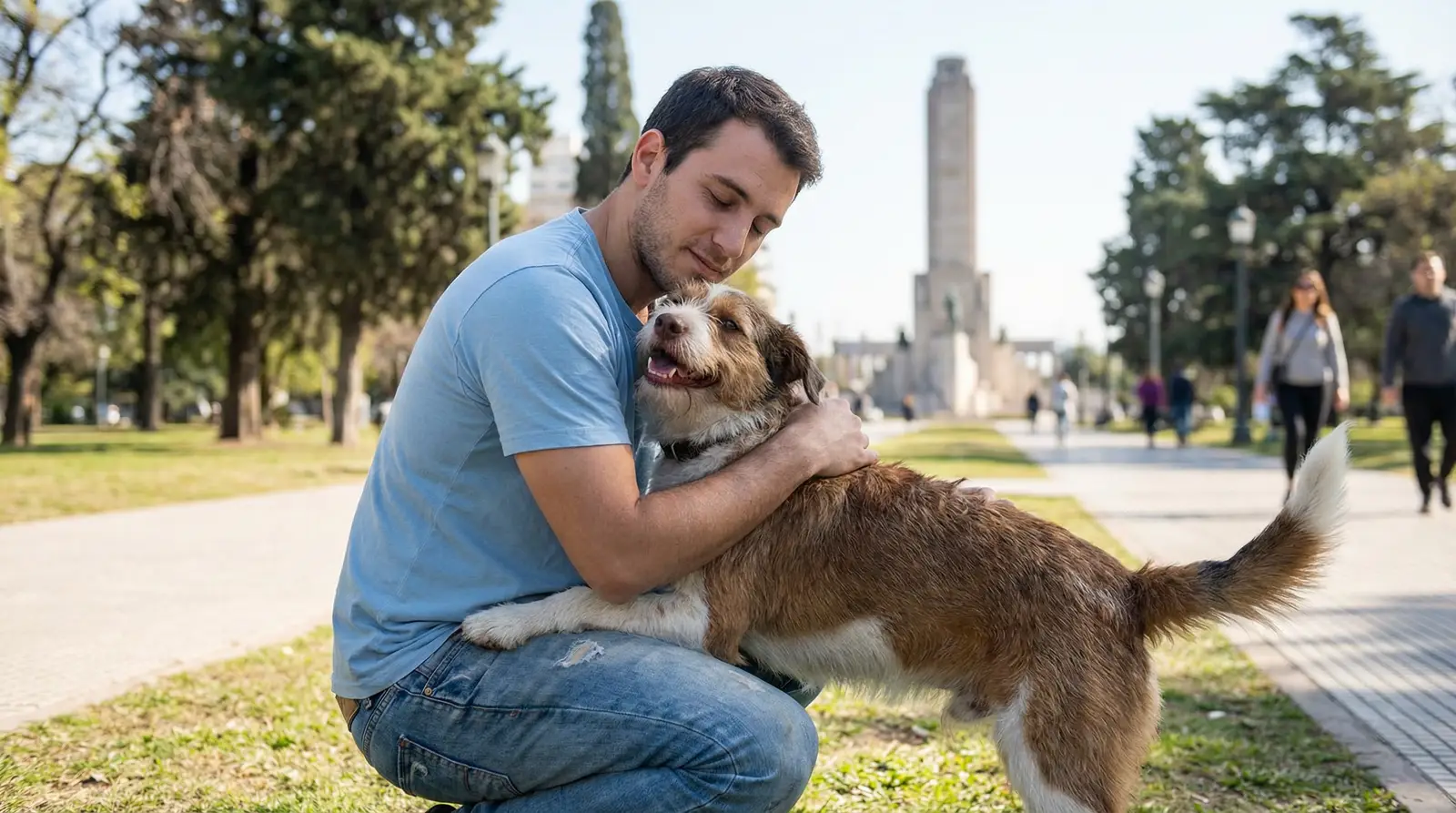 Una persona abrazando a su perro mestizo recién adoptado en un parque de Rosario.