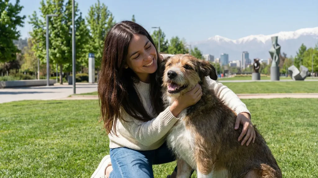 Una persona feliz realizando una adopción de perro en Santiago.