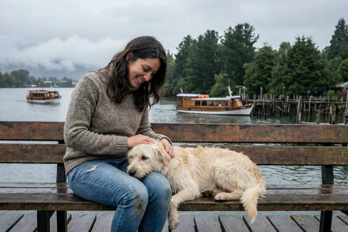Mujer joven concreta una adopción de perro en Valdivia.