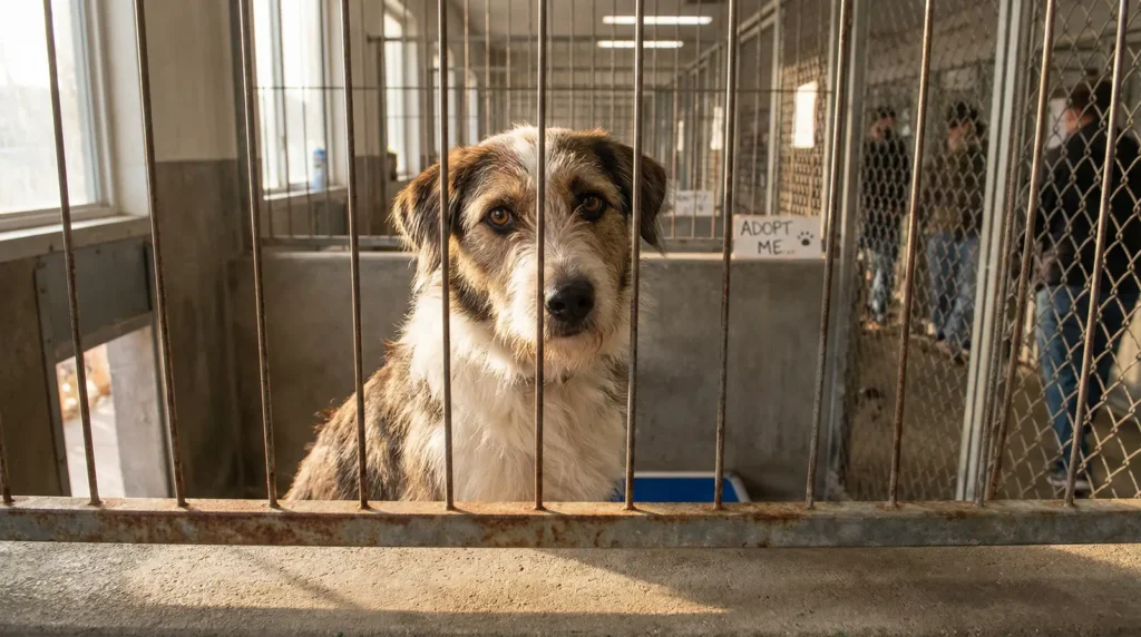 Perro criollo en un refugio esperando ser adoptado en Bogotá.