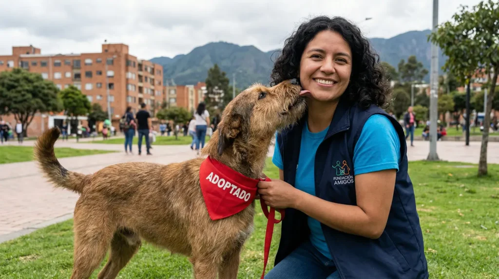 Voluntaria en Bogotá celebrando la adopción de un perro en un parque.