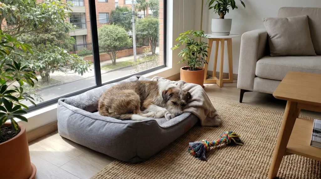 Perro adoptado durmiendo felizmente en su nueva cama en un hogar en Bogotá.