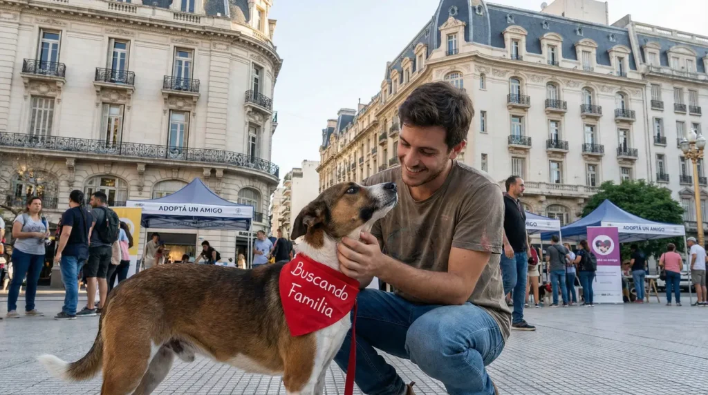 Perro mestizo en una jornada de adopción de perros en Buenos Aires buscando una familia.