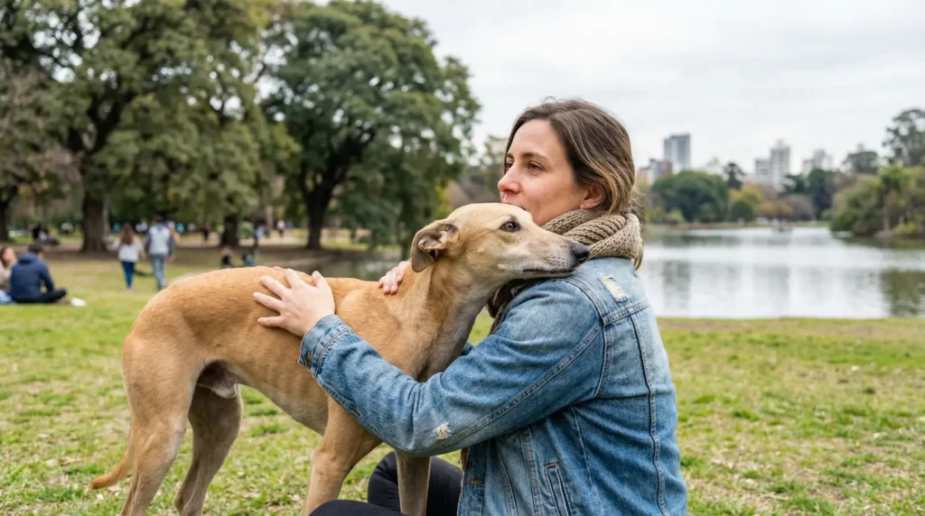 Mujer abrazando a su perro recién adoptado en un parque de Buenos Aires.