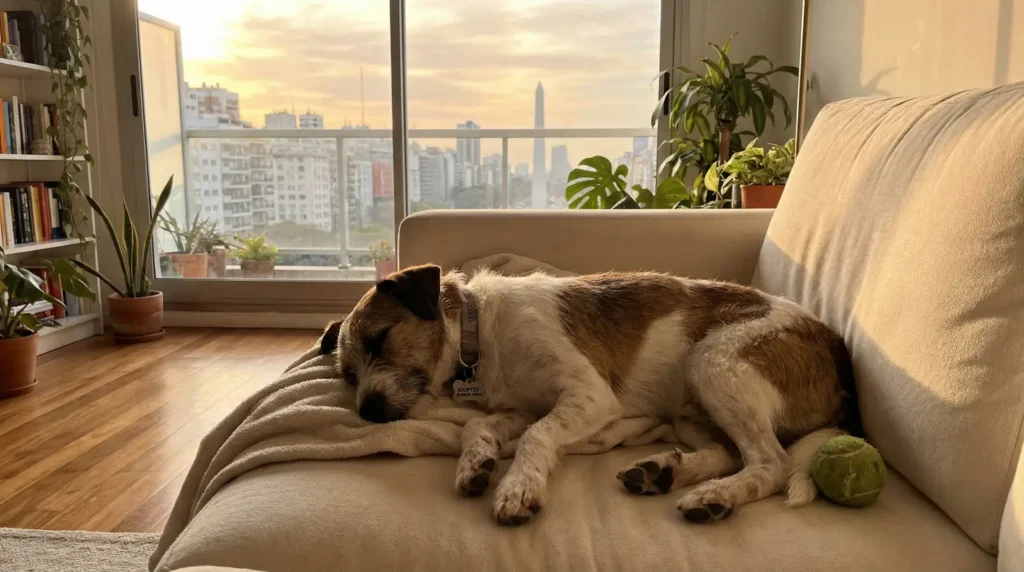 Perro adoptado durmiendo en su nuevo hogar en Buenos Aires, simbolizando una adopción exitosa.