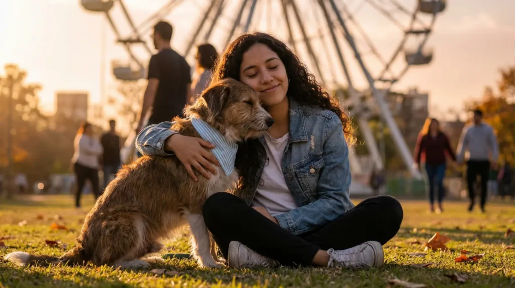 Mujer joven abraza a su perro recién adoptado en un parque de Córdoba.