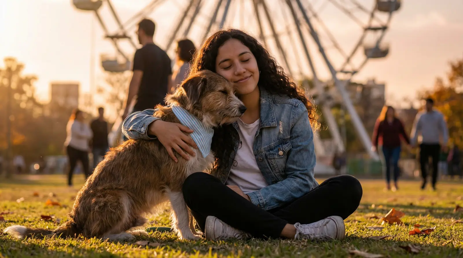 Mujer joven abraza a su perro recién adoptado en un parque de Córdoba.