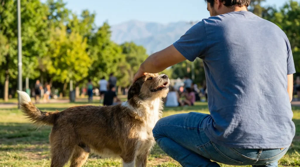 Perro mestizo feliz siendo adoptado en un parque de Mendoza.