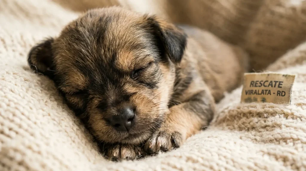 Cachorro recién nacido durmiendo en una manta, representando los cuidados neonatales en RD