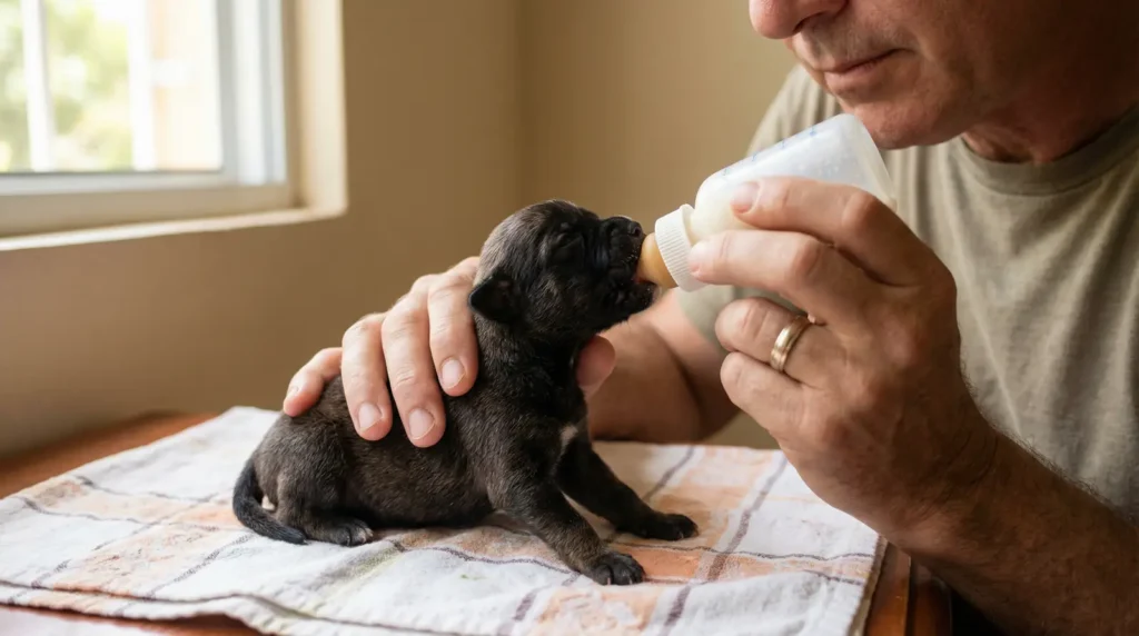 Persona alimentando correctamente a un cachorro recién nacido con un biberón en República Dominicana