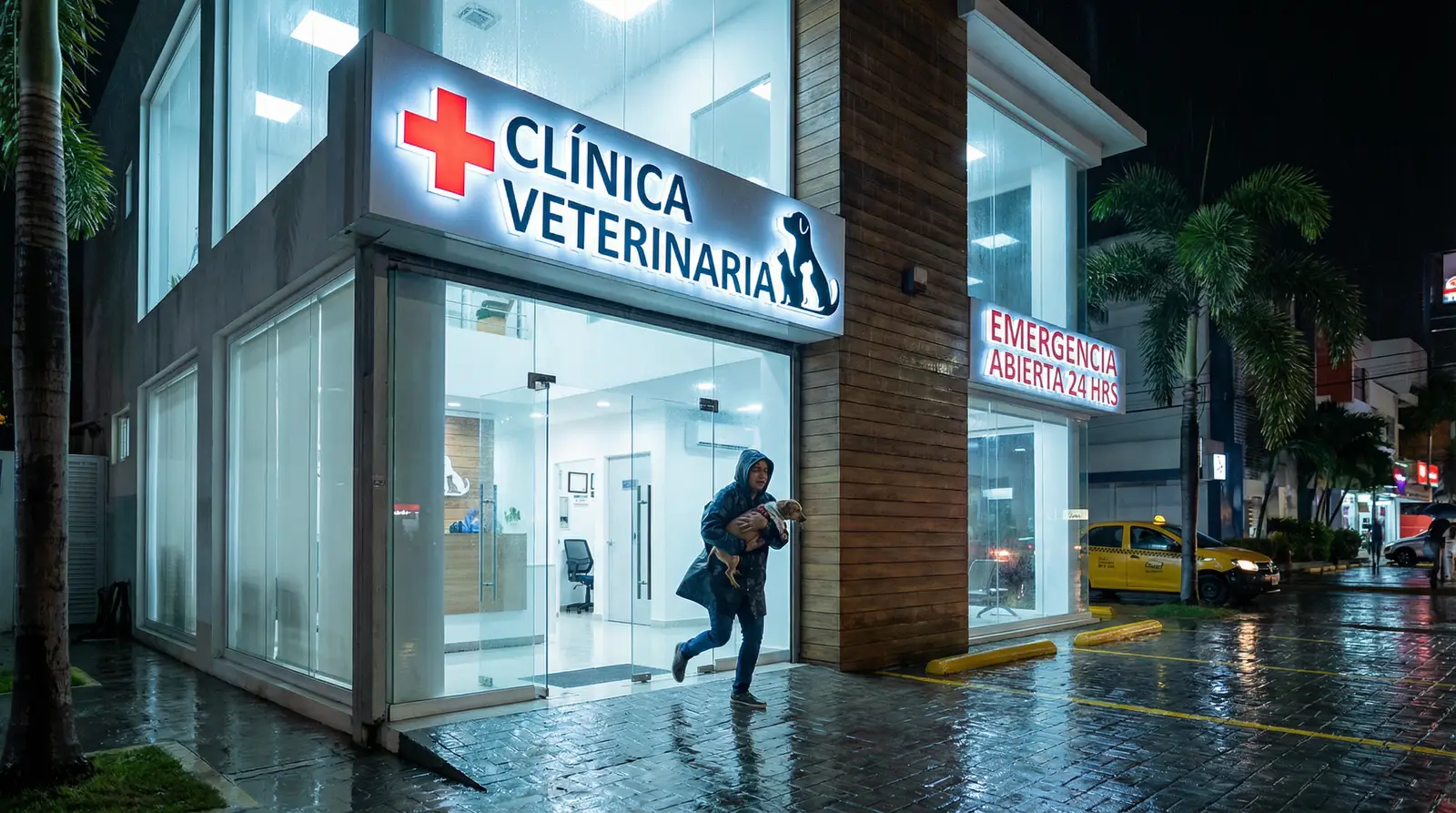 Persona llevando a su perro a una veterinaria de emergencia 24 horas en Santo Domingo por la noche.