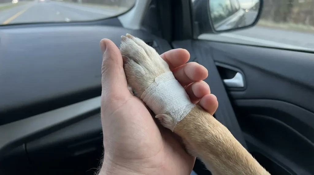 Dueño cuidando a su perro con un vendaje después de visitar una veterinaria de emergencia 24 horas