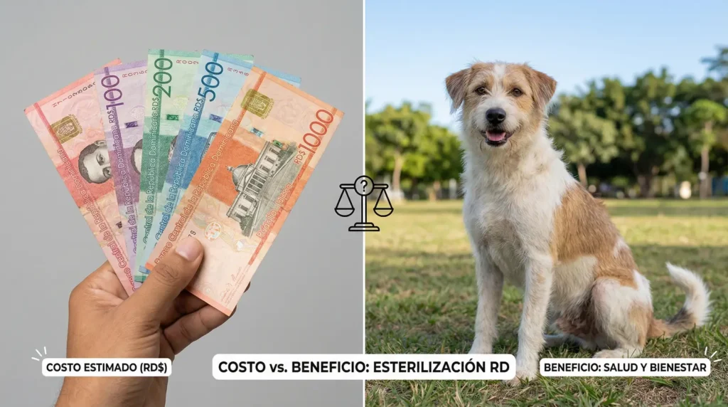Comparación visual del costo en pesos dominicanos para esterilizar un perro en RD y un perro sano