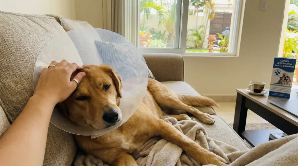 Perro recuperándose cómodamente en casa con un collar isabelino después de su cirugía de esterilización en RD.