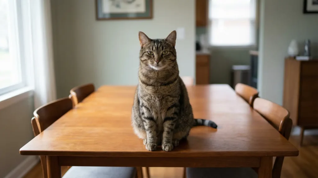 Gato sentado sobre una mesa de comedor, ilustrando el problema de cómo evitar que se suba