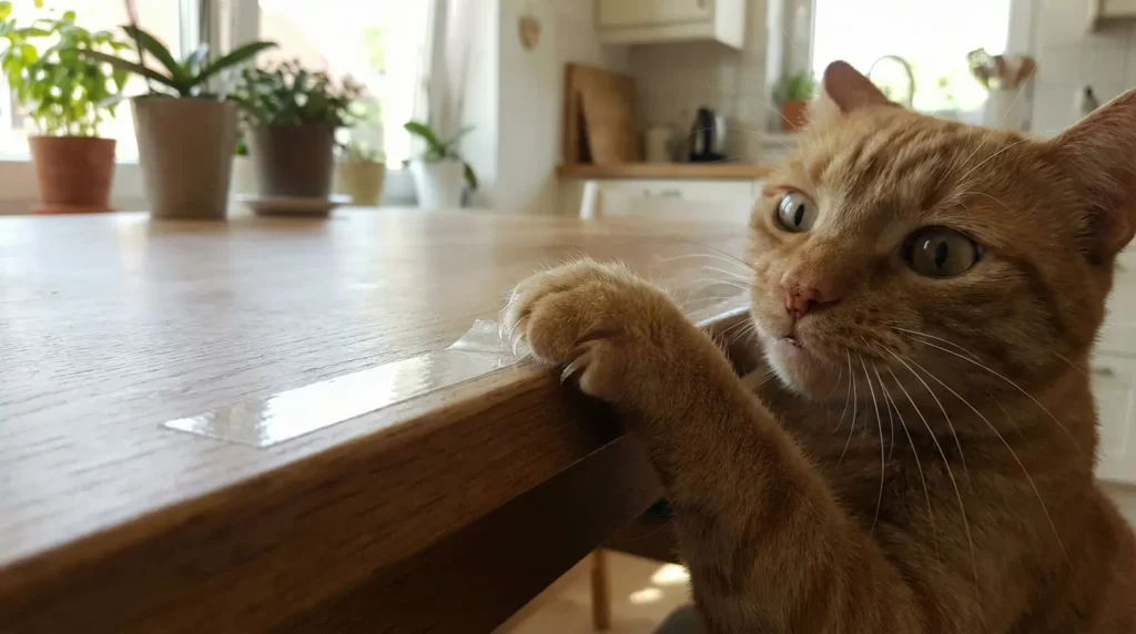 Pata de gato tocando cinta adhesiva de doble cara para evitar que se suba a la mesa.