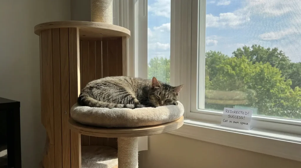 Gato feliz en su árbol para gatos, la alternativa positiva para evitar que se suba a la mesa.