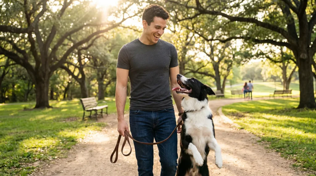 Hombre paseando felizmente a su perro en un parque, demostrando la importancia del paseo.