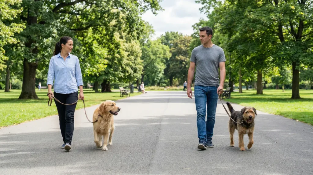 Dos perros realizando un paseo paralelo para aprender a llevarse bien.