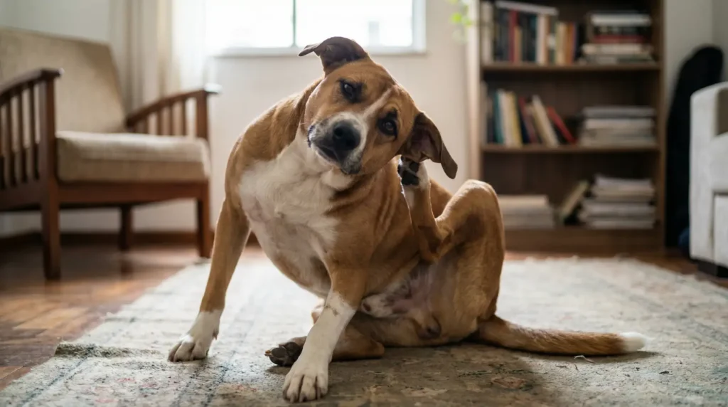 Perro con síntomas de sarna rascándose la oreja en un hogar en RD.