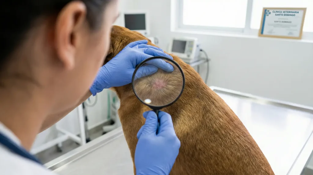 Veterinario en RD diagnosticando la sarna en la piel de un perro.