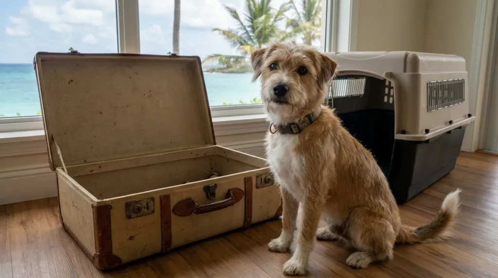 Perro preparándose para viajar desde República Dominicana a Estados Unidos con su maleta y kennel.
