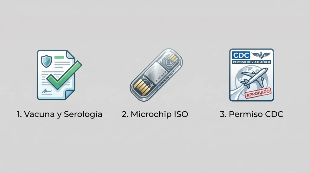 Infografía de los requisitos para viajar con un perro a EE.UU.: vacuna, microchip y permiso del CDC.