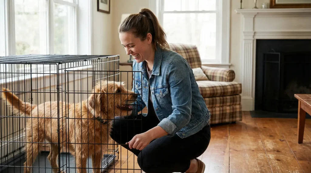 Perro llegando a su nuevo hogar en Estados Unidos después de viajar desde República Dominicana.