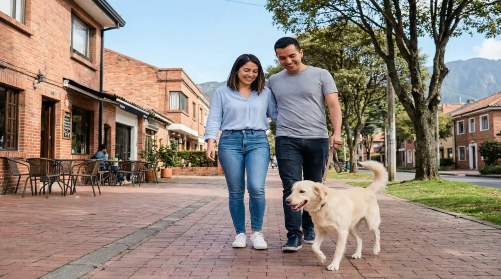 Pareja joven realiza una adopción de perro en Bogotá.