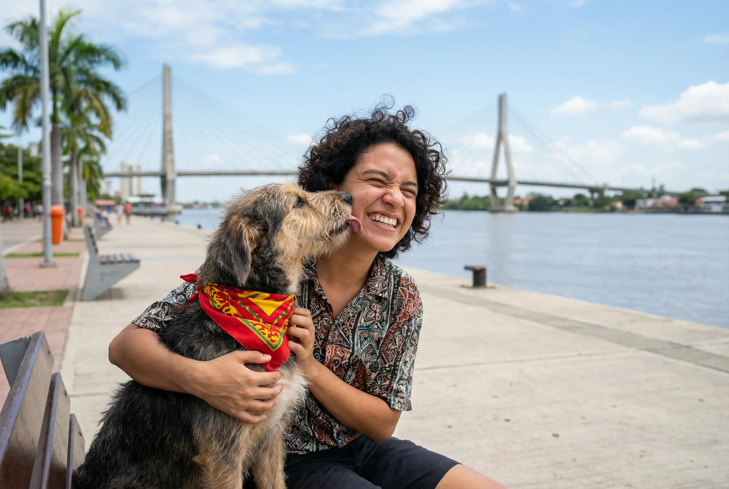 Persona feliz con su perro adoptado en el Malecón de Barranquilla.
