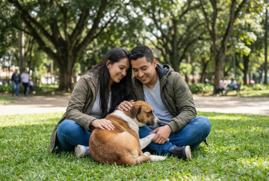 Pareja feliz con su perro adoptado en un parque de Bucaramanga.