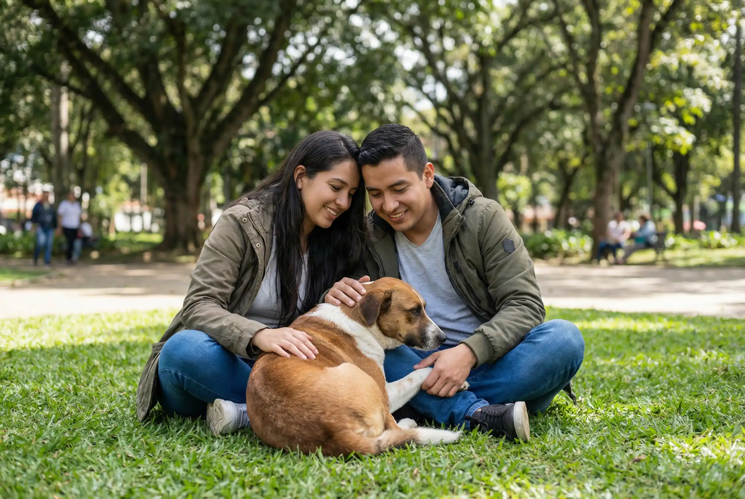 Pareja feliz con su perro adoptado en un parque de Bucaramanga.