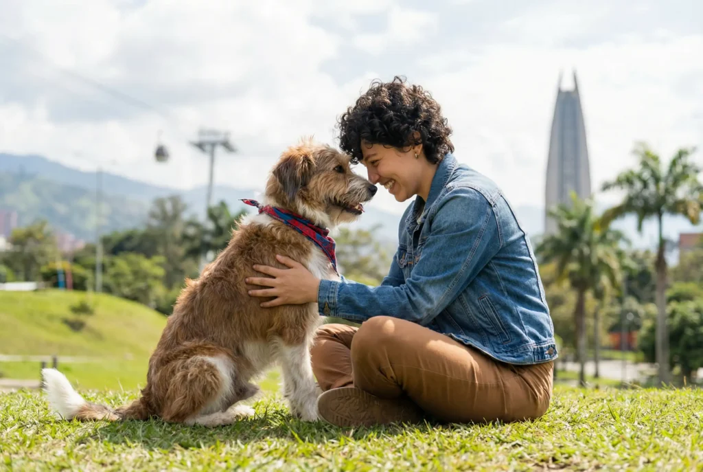 Persona abrazando a su perro mestizo adoptado en un parque de Medellín.