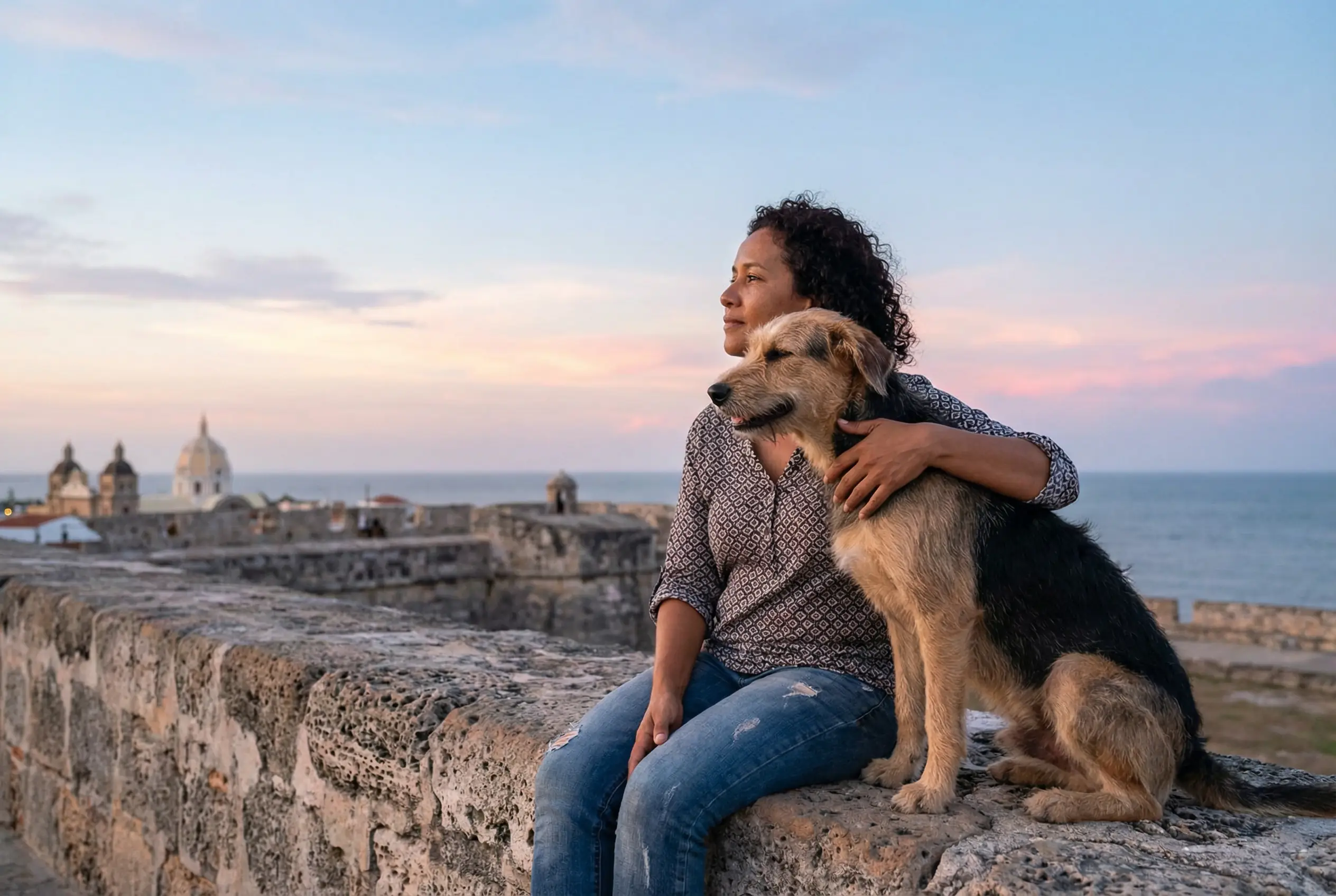 Persona abrazando a su perro adoptado en las murallas de Cartagena.