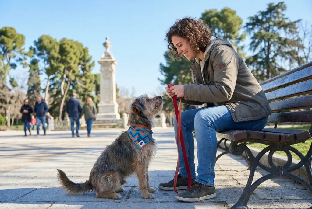Persona adoptando un perro de una protectora de animales en Madrid.