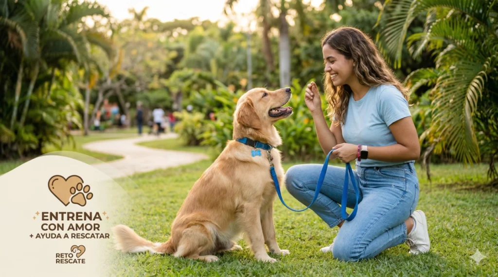 Mujer feliz entrenando a su perro Golden Retriever en un parque usando refuerzo positivo. Incluye el mensaje "Entrena con amor + ayuda a rescatar", ideal para quienes buscan cómo educar a mi perro.