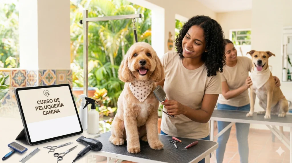 Mujer feliz cepillando a su perro sobre una mesa de grooming en casa, rodeada de herramientas de aseo y una tablet que reproduce un curso de peluquería canina.